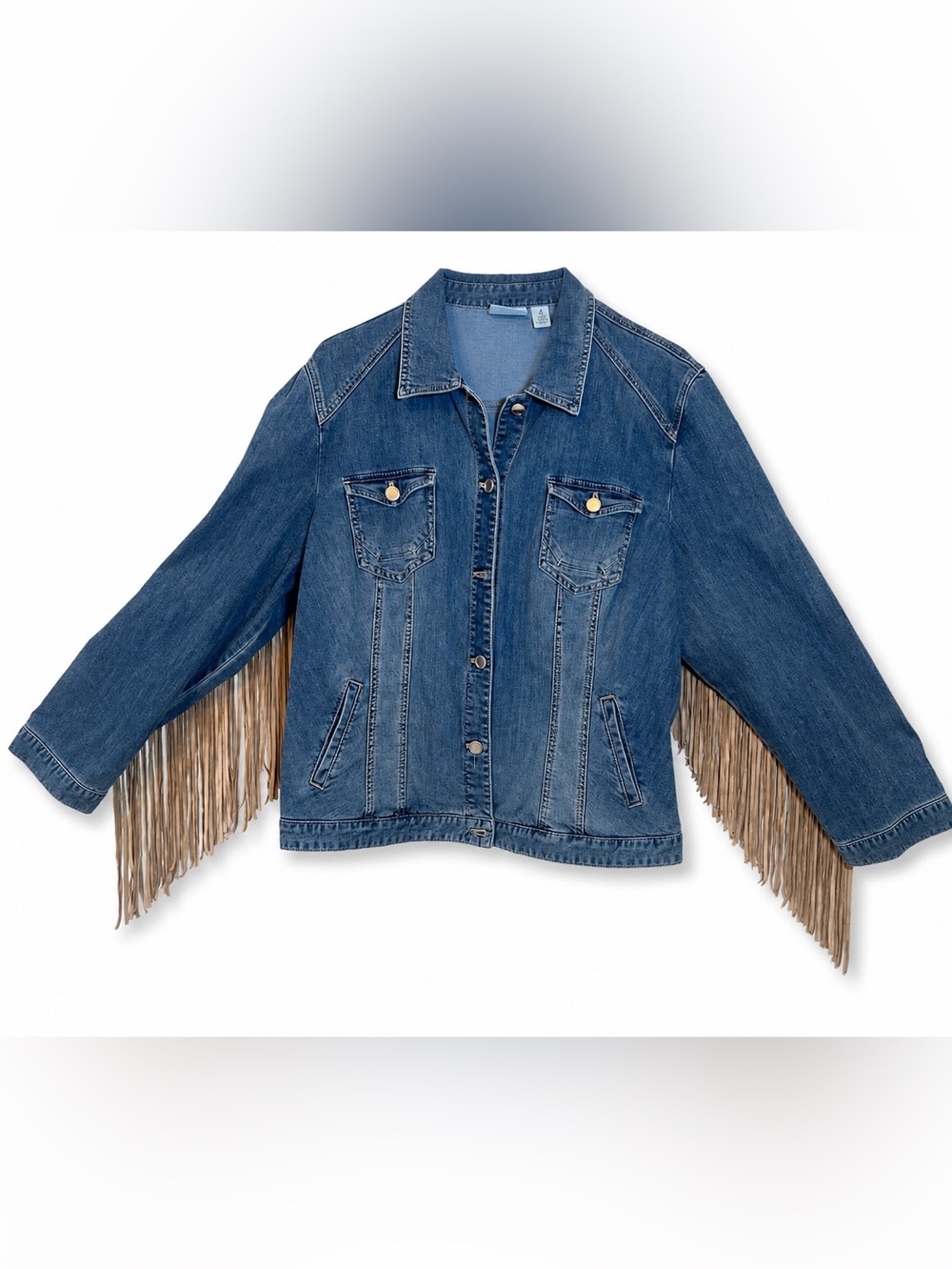 🤠 Chico’s Fringe Denim Jacket – Women’s 20/22 (Chico’s 4) Western Boho - Picture 2 of 9